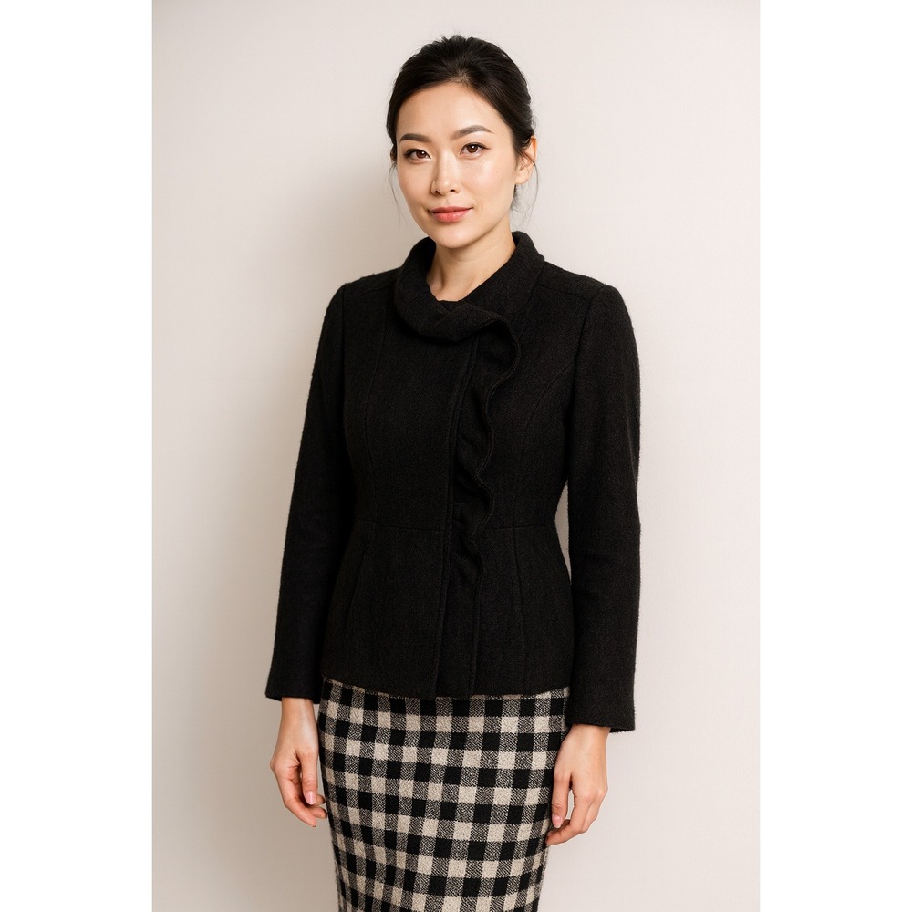 SANDRO Sportswear Wool‎ Blend Ruffle Collar Jacket Black Size M